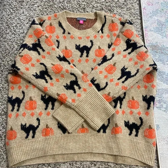 Vince Camuto Tan and Black Cat Pattern Sweater - Picture 1 of 3